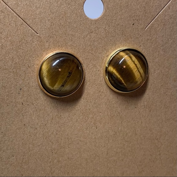 Beautiful tigers eye stone in gold stud earrings, Handmade, NWT - Picture 4 of 5